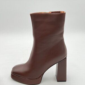 Brown Side Zipper Ankle Boots Square Toe High Chunky Heel Platform Short Booties